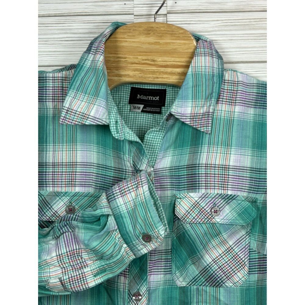 Marmot Women's Button Up Plaid Shirt Top Roll Tab Sleeve Sz Med Teal Purple